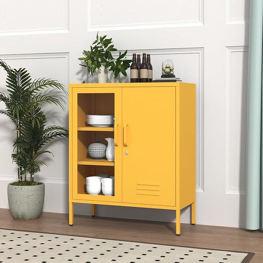 Lockable Metal Storage Locker Adjustable Shelves, 33" H 2-Door Storage Cabinets Durable Metal Sideboard Cabinet for Home Office Living Room Bedroom Yellow