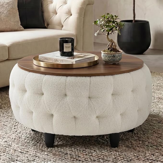 Large Round Storage Ottoman Coffee Table with Wooden Tabletop, 32 Inches Teddy Fleece Tufted Ottoman for Living Room, Bedroom, Apartments (White)