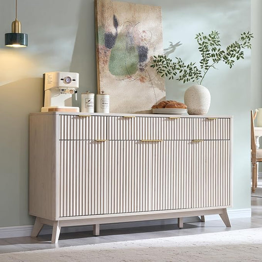 T4TREAM Large Buffet Sideboard Cabinet with Storages, 60" Fluted Modern Buffet Table Coffee Bar Wine Bar Storage Cabinet with 3 Drawers & 4 Doors for Dining Room, Living Room, Hallway(White Alder)