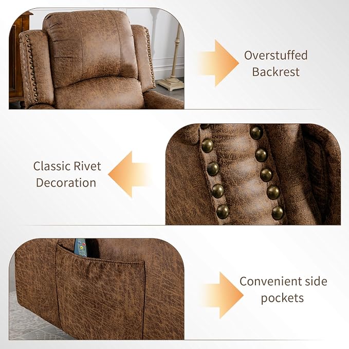 HAOMARKETS Classic Power Recliner Chair with Massage and Heat, Breathable Faux Leather Electric Recliner with USB&Type-C Port, Overstuffed Reclining Sofa with Rivets for Living Room, Brown