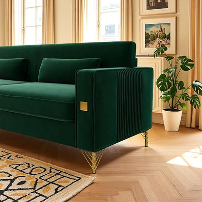 KEIKI 86" Oversized Luxury Velvet Sofa with Armrest and Removable Plush Cushions, Modern Style Gold Accents 3-Seater Couch with Solid Legs, Easy Assembly, for Living Room, Apartment, Green