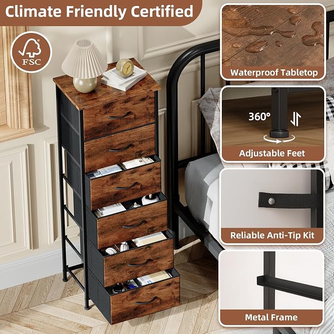 Somdot Tall Dresser for Bedroom with 6 Drawers, Storage Organizer Chest of Drawers with Removable Fabric Bins for Closet Bedside Living Room Laundry Entryway Hallway, Wood Grain Print