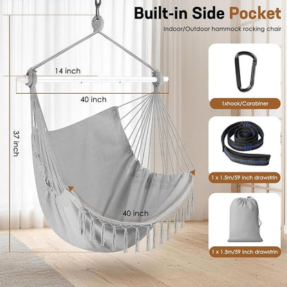 Hammock Chair Hanging Chair Heavy Duty 500 Lbs, Hanging Hammock Chair with Steel Spreader Bar & Adjustable Straps, Indoor Outdoor Hammock Swing for Bedroom Patio Porch Balcony Backyard Camping (Grey)