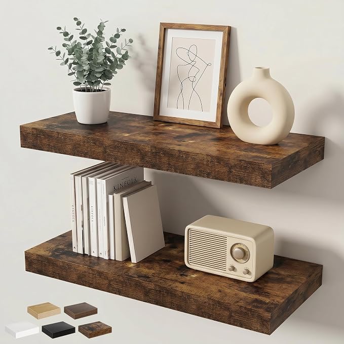 Floating Shelves for Wall 24 in x 9.3 in Deep, Wall Mounted Rustic Wood Shelf with Invisible Brackets for Storage & Display, Living Room Bedroom Bathroom, Brown, 2 Pack