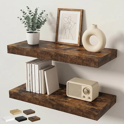 Floating Shelves for Wall 24 in x 9.3 in Deep, Wall Mounted Rustic Wood Shelf with Invisible Brackets for Storage & Display, Living Room Bedroom Bathroom, Brown, 2 Pack