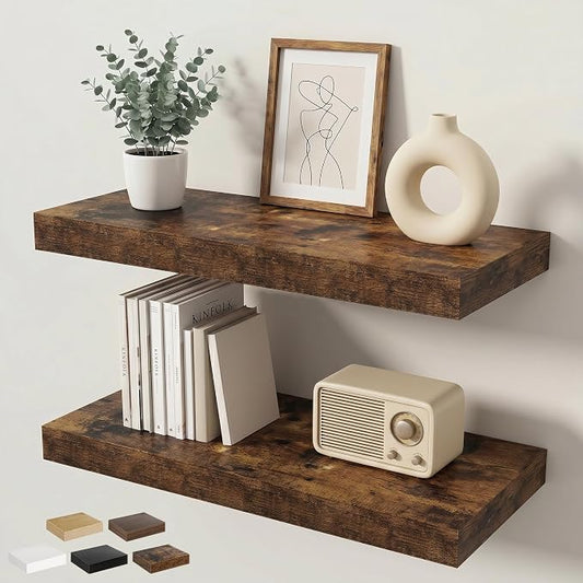 Floating Shelves for Wall 24 in x 9.3 in Deep, Wall Mounted Rustic Wood Shelf with Invisible Brackets for Storage & Display, Living Room Bedroom Bathroom, Brown, 2 Pack