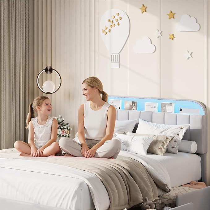 Garvee Twin Size Bed Frame with 2 Flexible Drawers, Velvet Upholstered Platform Bed Frame with Bookcase Headboard and LED Lights, Kids Bed for Girls, Easy Assembly, Noise Free, Grey