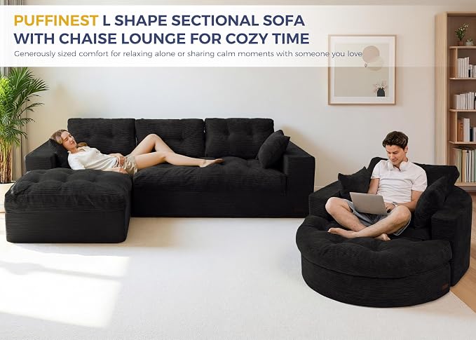 MAXYOYO L Shape Sectional Sofa Couch and Round Chaise Lounge, Modern Cloud Couch with Ottoman, Comfy Sofa with Layered Cushion, Tufted Upholstered Chair for Living Room, No Assembly Required