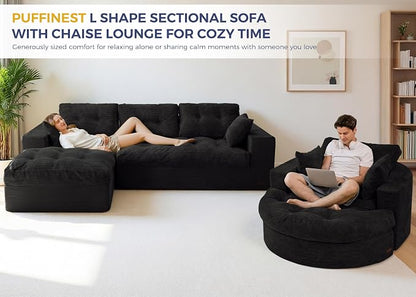 MAXYOYO L Shape Sectional Sofa Couch and Round Chaise Lounge, Modern Cloud Couch with Ottoman, Comfy Sofa with Layered Cushion, Tufted Upholstered Chair for Living Room, No Assembly Required