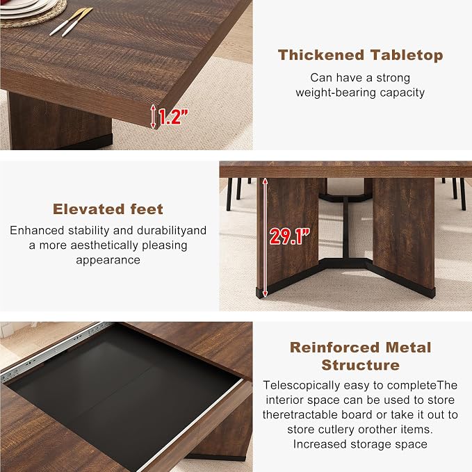 86 in Extendable Dining Table for 6 8 10 People,59"-86" Farmhouse Rectangle Extending Dining Table w/Removable Leaves Space Saving,Wooden Adjustable Tables for Kitchen Office Living Room (Brown&Black)
