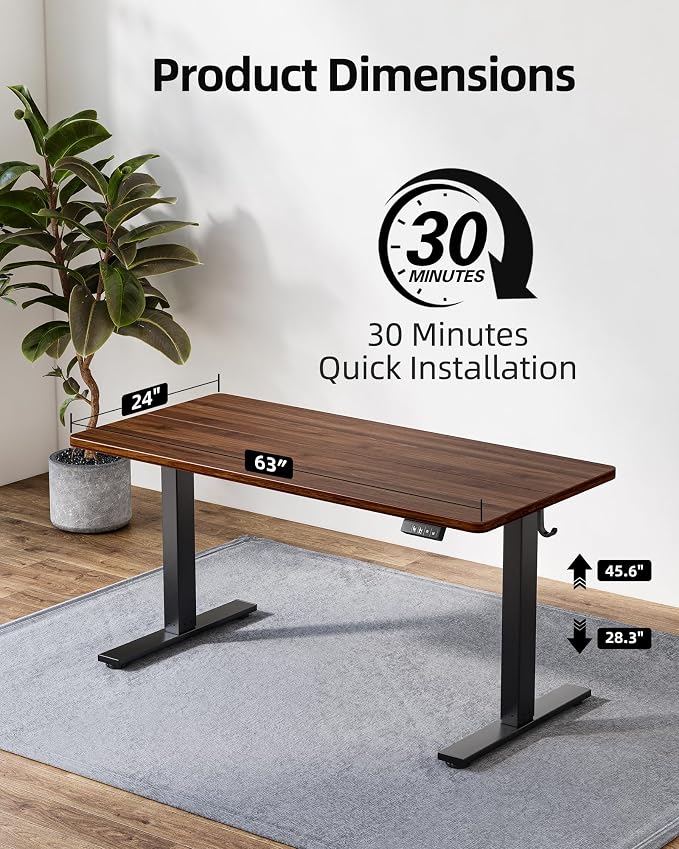 TIQLAB Electric Standing Desk, Adjustable Height Stand up Desk, 63 * 24 Inches Sit Stand Home Office Table with Splice Board, Black Walnut