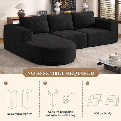 L-Shaped Boneless Couch,104" Couches for Living Room with Curved Chaise,Modular Sectional Sofa with Deep Seat,Modern Cozy Cloud Compression Sofas,No Assembly Required(Black) 1PCS