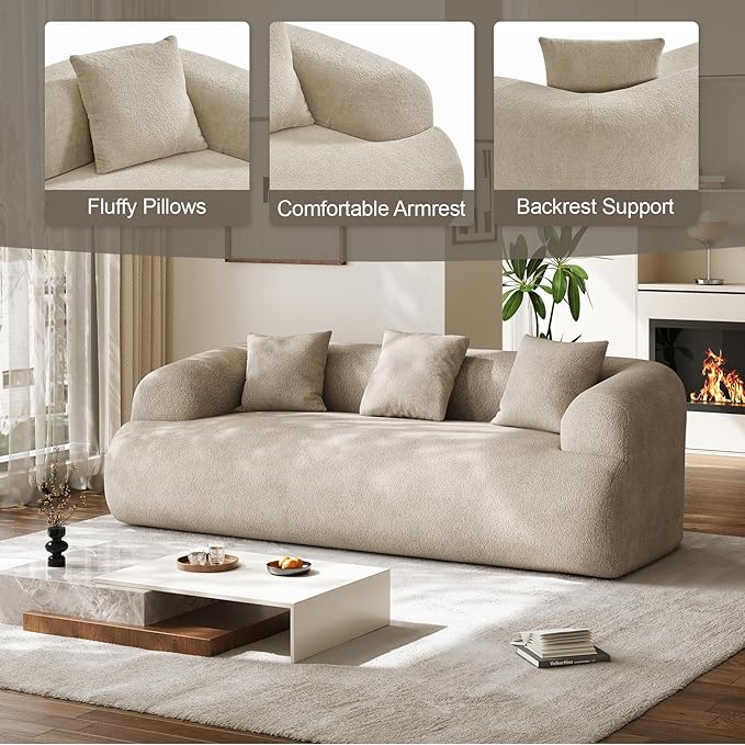 Boneless Couch Set, 91" + 75'' Cloud Couch Set, Chenille Curved Sofa, Modern Compression Sofa for Living Room, Bedroom and Apartment, No Assembly Required, Light Brown