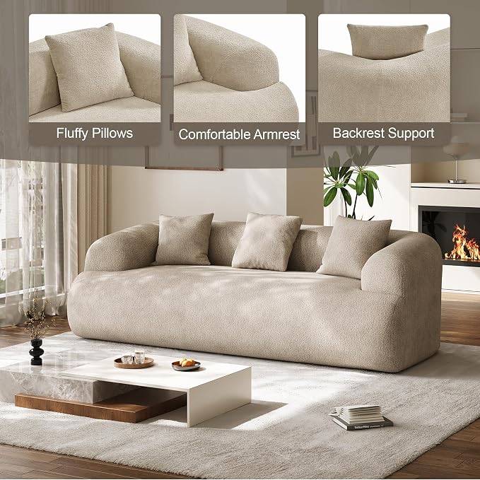 Oversized Sectional Sofa for Living Room, Modern Luxury Plush Chenille 3-Seater Extra Deep & Wide Seat Curved Cloud Couch with 3 Throw Pillows, No Assembly Needed, Light Brown（91 inch）