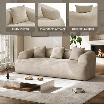 Oversized Sectional Sofa for Living Room, Modern Luxury Plush Chenille 3-Seater Extra Deep & Wide Seat Curved Cloud Couch with 3 Throw Pillows, No Assembly Needed, Light Brown（91 inch）
