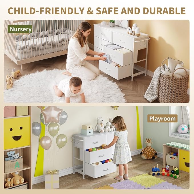 Dresser for Bedroom with 6 Drawers, Small Fabric Dressers for Kids Bedroom, Chest of Drawers, Storage Organizer Dresser for Closet, Nursery, Dorm, Apartment, TV Stand Living Room Wooden Top (White)