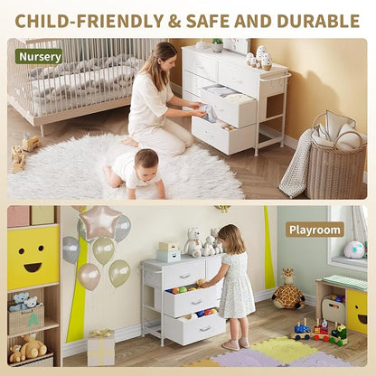 Dresser for Bedroom with 6 Drawers, Small Fabric Dressers for Kids Bedroom, Chest of Drawers, Storage Organizer Dresser for Closet, Nursery, Dorm, Apartment, TV Stand Living Room Wooden Top (White)