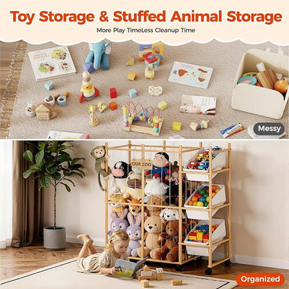 Sevenblue Toy Storage Organizer with 3 Removable Bins, Kids Storage Toy Shelf Organizer for Stuffed Animal Holder for Bedroom Playroom Nursery | Wood & White