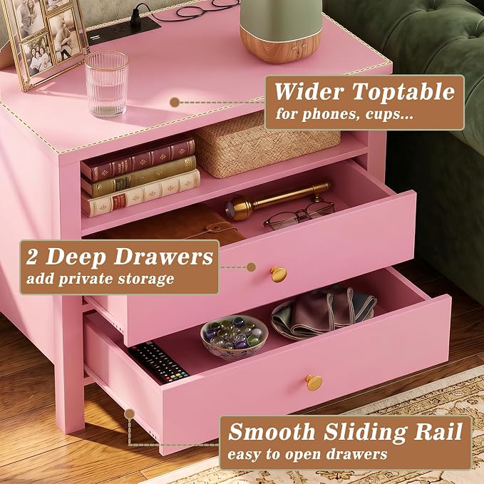 Aheaplus Nightstand with Charging Station, 23.6'' Large Bed Side Table with Wooden 2 Drawers, Night Stand for Bedroom, End Table with Open Storage Shelf for Living Room, Set of 2, Pink