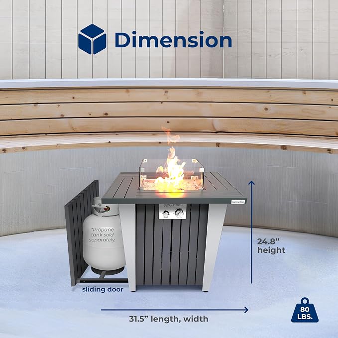 SereneLife Propane Fire Pit Table 50,000 BTU with Sturdy Metal Frame, Stainless Steel Fire Pan, Decorative Glass Rocks, Weather Cover, CSA Certified for Patio, Backyard, or Garden Use