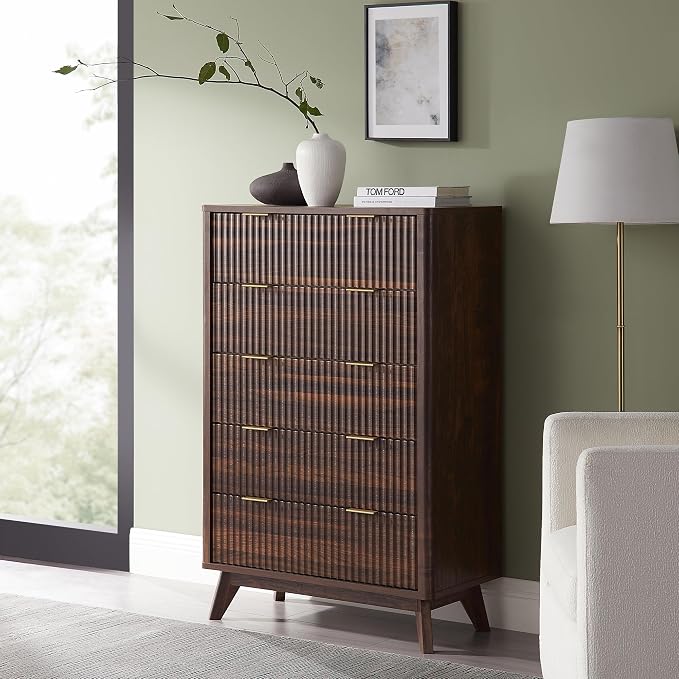 T4TREAM Fluted 5 Drawers Dresser, 48" Tall Modern Chest of Drawers, Curved Profile Design, Wood Drawer Organizer for Bedroom, Living Room, Hallway, Entryway, Dark Walnut