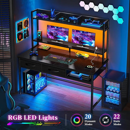 DurayLoly Computer Desk with Shelves and Drawers for Bedroom,Black | Neck&Waist Strain Relief Monitor Stand, Vision-protect RGB LED Suited for Students&Office Sitters