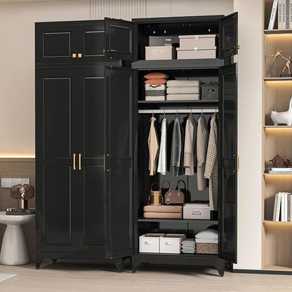 86" Metal Wardrobe Cabinets,Black Armoire Wardrobe Closet with Hanging Rod,Clothes Storage Cabinet with Adjustable Shelves and Doors,Clothing Cabinet for Bedroom,Laundry Room