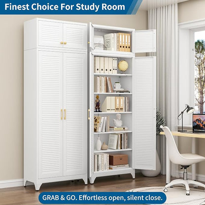 90" Metal Storage Cabinet with Louvered Doors, Heavy Duty Steel Wardrobe, Tall Kitchen Pantry Cabinet with Adjustable Shelves, 2 Packages, White
