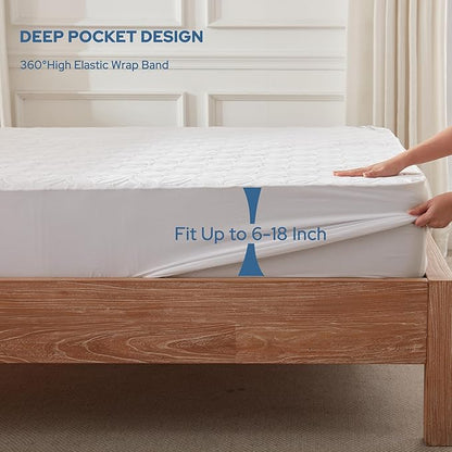 BEDLORE Waterproof Mattress Protector, RV Queen Size Mattress Pad Noiseless with Deep Pocket 6"-18" Depth, Soft Breathable Dirt-Proof Bed Mattress Cover Washable (White)