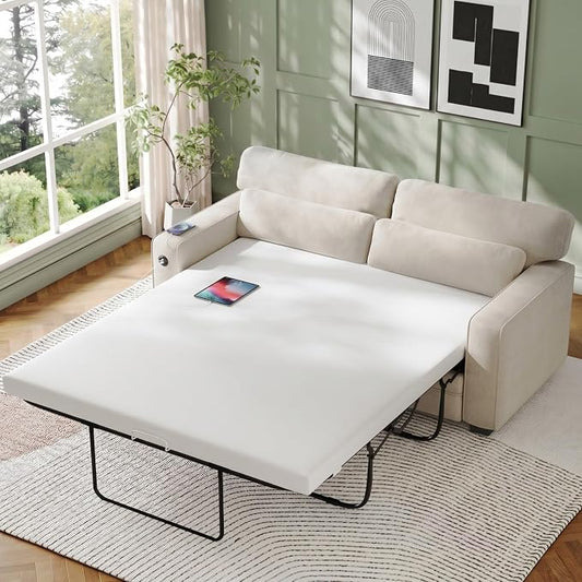 Marsail Pull Out Sofa Bed, Queen Size Sleeper Sofa with Memory Foam Mattress, 2 USB Charging Ports & Removable Covers, Chenille Loveseat Couch for Living Room, Apartment, Pure White