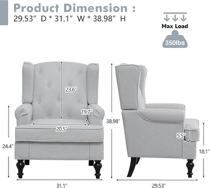 Accent Chair Set of 2, Mid Century Modern Fabric Wingback Chair, Upholstered Armchair with High Back and Vintage Legs, Comfy Single Sofa Side Reading Chair for Living Room Bedroom, Light Grey