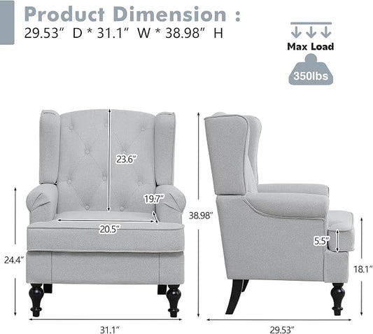 Accent Chair Set of 2, Mid Century Modern Fabric Wingback Chair, Upholstered Armchair with High Back and Vintage Legs, Comfy Single Sofa Side Reading Chair for Living Room Bedroom, Light Grey
