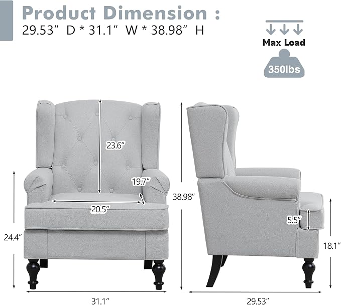 Accent Chair for Living Room, Mid Century Modern Upholstered Armchair, Wingback Chair with Tufted High Back and Solid Legs, Comfy Single Sofa Side Chairs for Bedroom, Light Grey