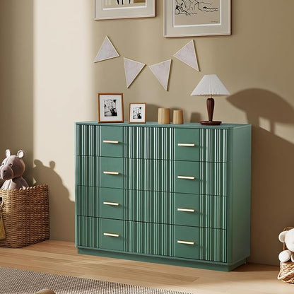 Fluted Dresser for Bedroom with 8 Drawers, 47" Wide Mid Century Modern Chest of Drawers, Wooden Dresser TV Stand, Wood Closet Clothes Storage Organizer for Living Room Hallway, Green