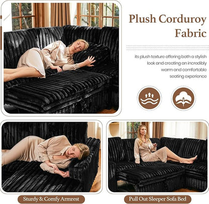 Belffin Corduroy Modular Sectional Sleeper Sofa with Pull Out Bed Small Sectional Couches with Storage for Living Room Apartment Couch. Black Couch