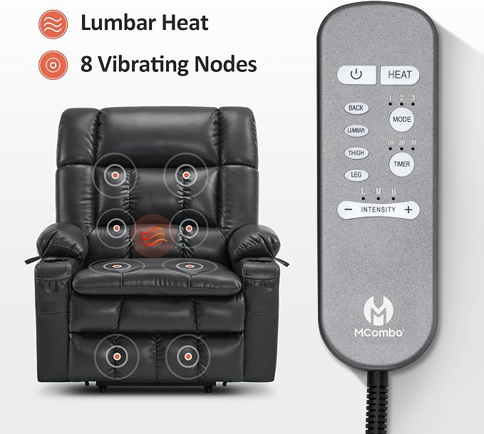 MCombo Dual Motor Power Lift Recliner Chair for Elderly, Lay Flat Lift Chair with Heat and Massage, Oversized Lift Recliner for Big and Tall, Faux Leather R7891 (Black, Large-Wide)