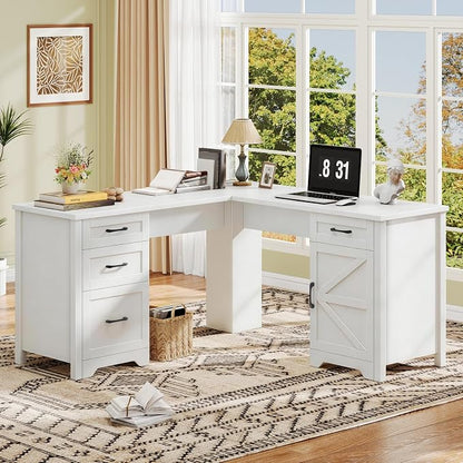 Halitaa 59" L Shaped Executive Desk, Farmhouse Home Office Desk with File Drawer,Storage Cabinet, Wood Corner Sturdy Writing Workstation.Cream White