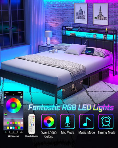 Queen Size Bed Frame with Upholstered Headboard and 2-Tier Storage Shelves | Metal / Charging Station / LED Lights / Under Bed Storage / Non-slip/ Noise Free / No Box Spring Needed / Black