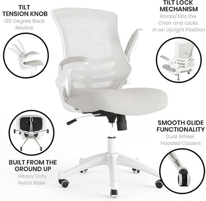 Flash Furniture Kelista Mid-Back Swivel Office Chair with Adjustable Lumbar Support and Seat Height, Ergonomic Mesh Desk Chair with Flip-Up Armrests, Gray/White