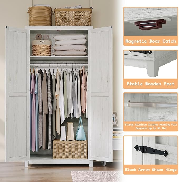 AMERLIFE Set of 2 Farmhouse Armoire Wardrobe Closet with 2 Barn Doors, 70'' Storage Cabinet with Shelf & Hanging Rod, Versatile Clothing Storage for Bedroom, White