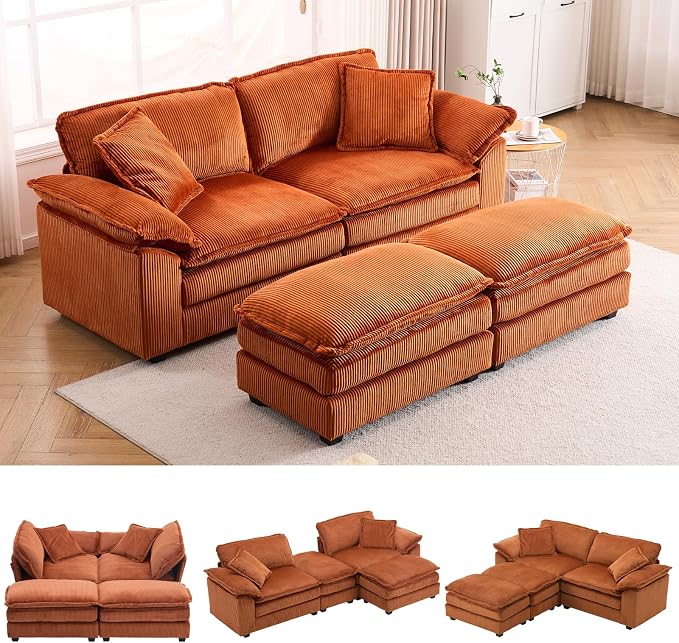 84.6” Corduroy Loveseat with Ottoman, Oversized Double Chaise Lounge Chair Indoor Deep Seat Two Seater Couch Cloud Couch Modular Sectional Sofa for Living Room(Corduroy Orange)