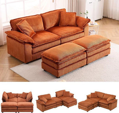 84.6” Corduroy Loveseat with Ottoman, Oversized Double Chaise Lounge Chair Indoor Deep Seat Two Seater Couch Cloud Couch Modular Sectional Sofa for Living Room(Corduroy Orange)