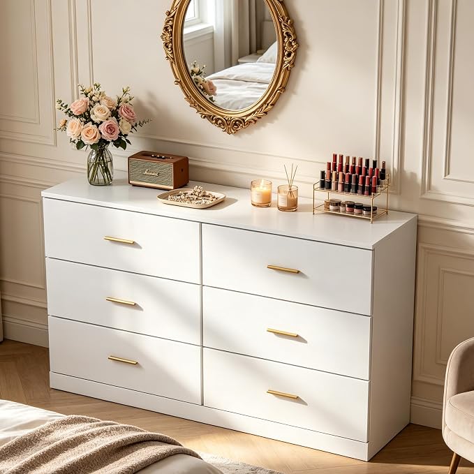 47" Modern White Dresser for Bedroom, 6-Drawer Wooden Chest of Drawers with Gold Handles,Wide Storage Cabinet for Living Room, Kid&Nursery Entryway