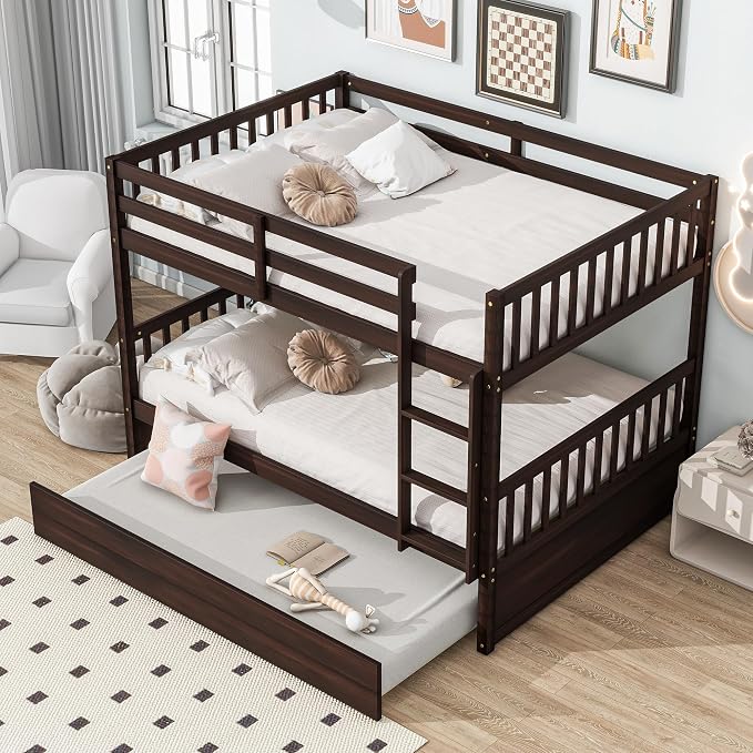 Bellemave Full Over Full Bunk Bed with Trundle,Convertible Bunk Beds with Ladder & Safety Guardrails,Full Size Trundle Bunk Beds for Kids Girls Boys,Espresso