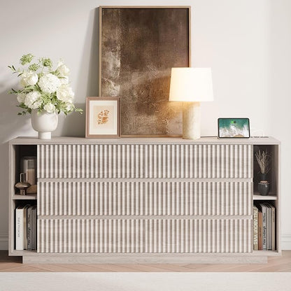 Whalefall 63 Inch Fluted 6 Drawers Dresser with Shelves, White Alder | Large Chest of Drawers for Bedroom, Mid Century Modern, Wood Closet Storage Organizer, Pedestal TV Stand for Living Room