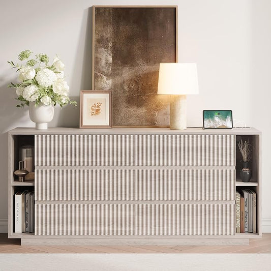 Whalefall 63 Inch Fluted 6 Drawers Dresser with Shelves, White Alder | Large Chest of Drawers for Bedroom, Mid Century Modern, Wood Closet Storage Organizer, Pedestal TV Stand for Living Room