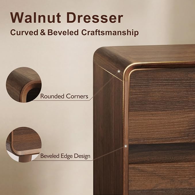 Nasonet 6 Drawer Dresser and 3 Drawers Nightstands Set with Charging Station, Wood Mid-Century Modern Dresser and Nightstand 3 Pieces for Bedroom, Living Room, Walnut