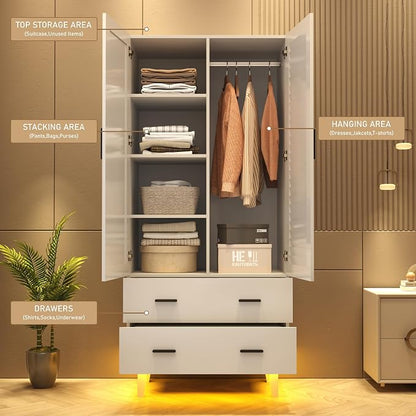 Hlivelood 2 Door Armoire Wardrobe Closet Cabinet with Mirror, Drawers and LED Lights, Multi-Tier Shelves, Hanging Rod & 2 Louver Doors, Large Capacity Storage Wardrobe Armoire for Bedroom, White