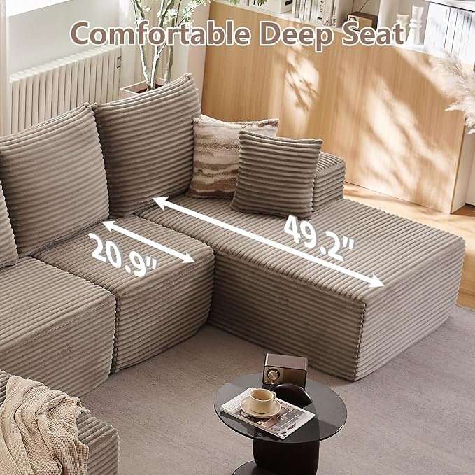 135" Modular Sectional Sofa with U Shaped Chaise, Upholstered Couches for Living Room with Deep Seat, No Assembly Required, Corduroy Cloud Couches, Camel(Right-Facing Chaise