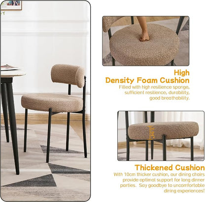 EDWELL Dining Chairs Set of 2, Round Upholstered Dining Room Chairs with Black Metal Legs, Modern Boucle Dining Chair for Dining Room, Kitchen, Living Room, Capacity 330lbs
